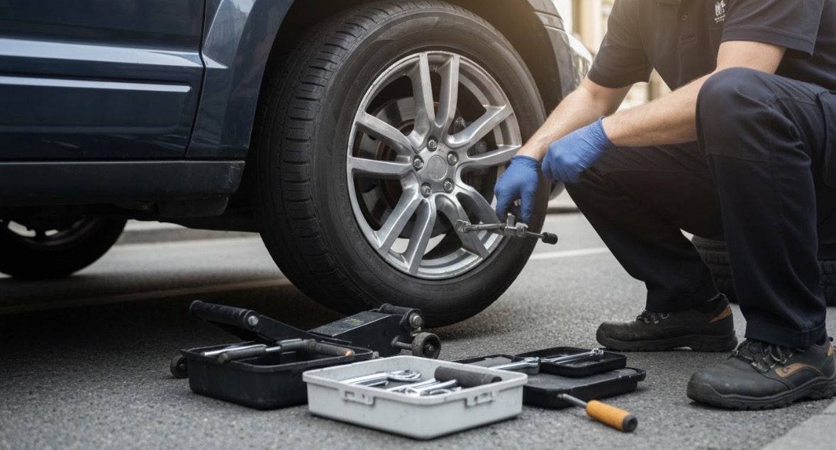 Mobile tyre fitter using impact wrench on alloy wheel