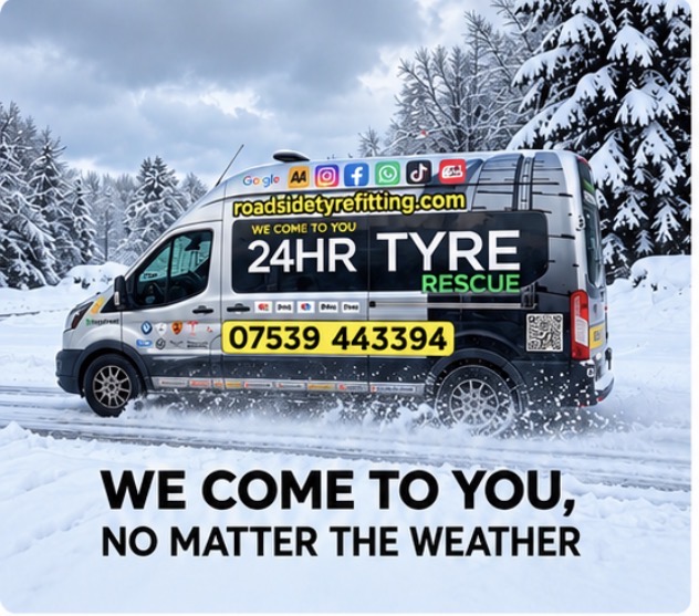 24hr tyre rescue van driving through snow, we come to you in any weather