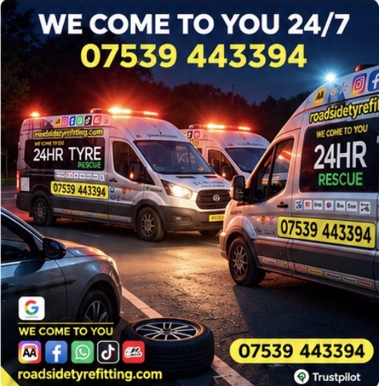 Roadside Tyre Fitting vans on a night-time emergency tyre callout
